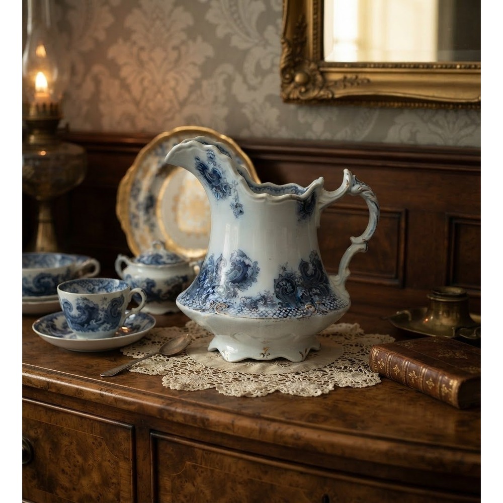 Antique Flow Blue Ironstone Pitcher c. 1900 Victorian Blue White Gold Gilt 5in
